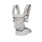 Studio shot of Ergobaby Omni Classic Mesh Carrier in light grey color—full-body breathable mesh, padded shoulder straps, and ergonomic seat design for newborn to toddler use.