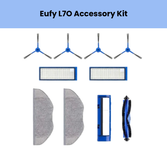 Eufy RoboVac L70 Hybrid accessory kit – features 4 side brushes, 2 white HEPA filters with blue frames, 2 washable gray mopping pads, 1 blue dust bin filter cover, and 1 black and blue main brush roller – ideal for Eufy L70 Hybrid robot vacuum upkeep