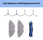 Eufy RoboVac LR30 replacement kit – includes 4 side brushes (2 blue, 2 white hubs), 2 gray microfiber mopping pads, and 1 blue main brush roller – compatible parts for Eufy LR30 robot vacuum cleaning and mopping maintenance