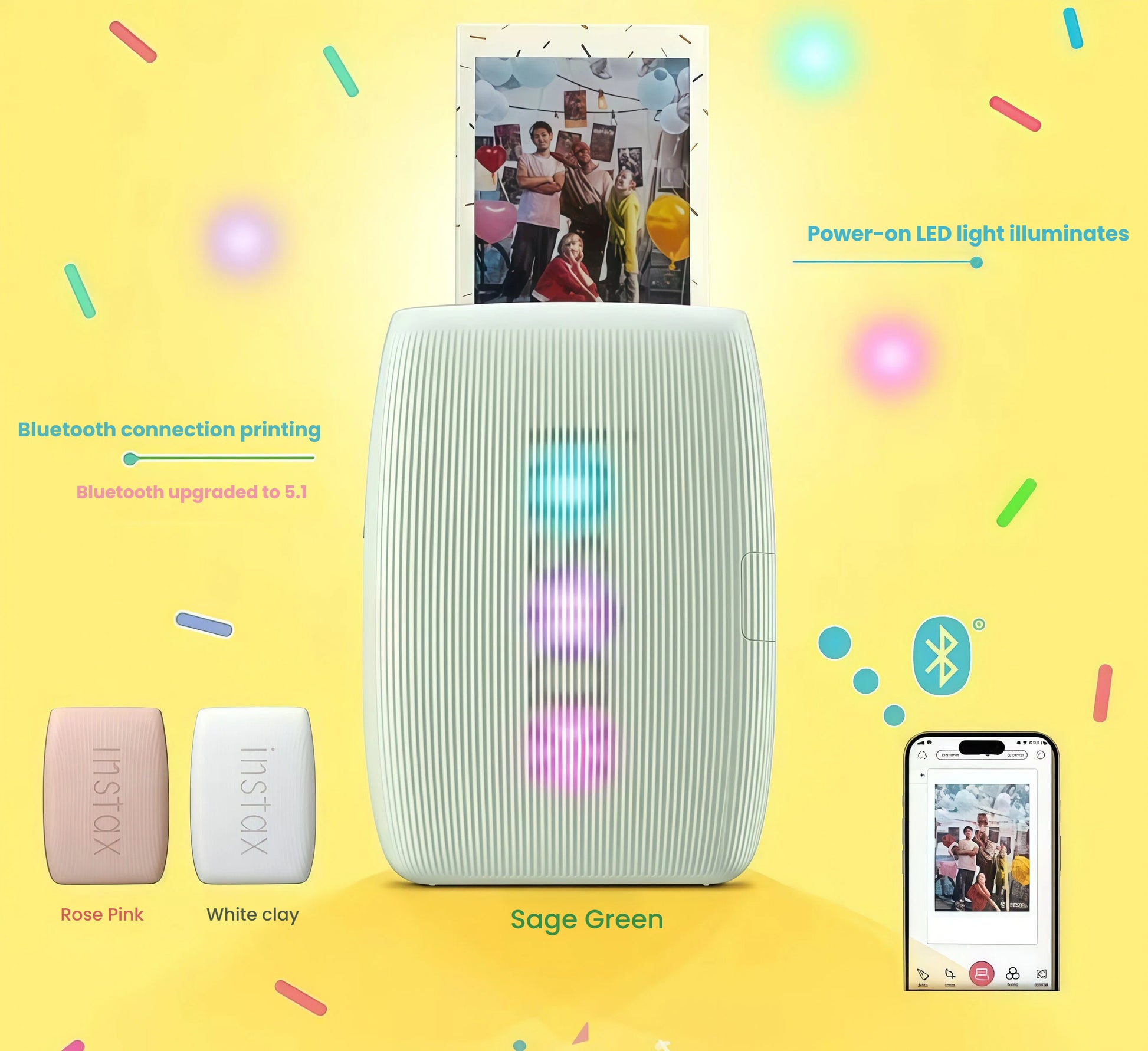 Fujifilm Instax Mini Link 3 shown in three color options: rose pink, white clay, and sage green. Vertical design with LED indicator lights. Bluetooth 5.1 enabled for fast wireless printing.
