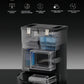 A diagram of the Deebot X8 Pro Omni's self-sufficient base station, with icons displaying its many automated functions, including intelligent temperature-controlled hot water shower, hot air drying, automatic dust collection, and automatic water supply.