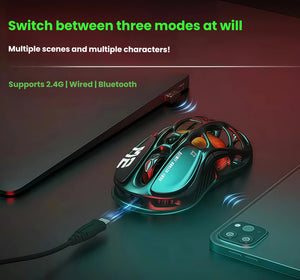 The GravaStar Mercury M2 gaming mouse connects via three modes: 2.4GHz wireless, USB wired, and Bluetooth 5.0. Shown in use with a laptop and smartphone, this versatile mouse supports multiple devices and scenes, perfect for gaming, work, and mobile productivity.