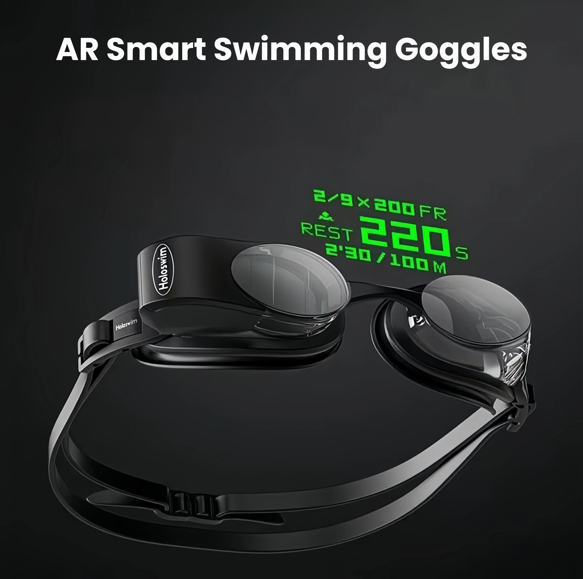 Holoswim 2 Pro AR smart swimming goggles displaying holographic workout metrics like lap count, rest timer, and stroke pace during training session on dark background.