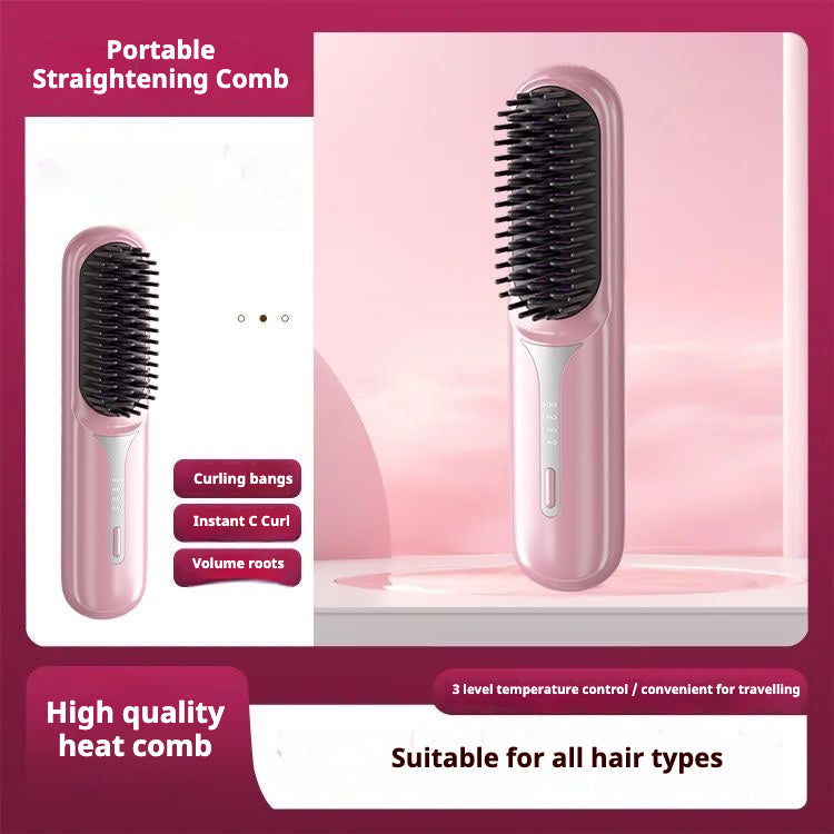 Pink portable hair straightening comb with three temperature settings on handle for curling bangs and adding root volume