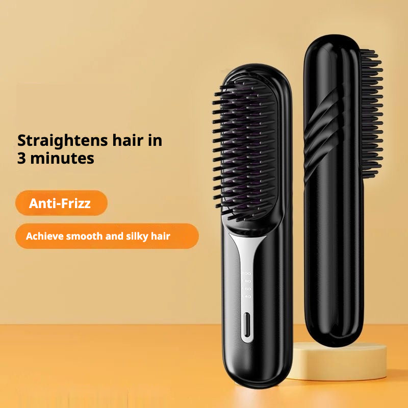 Black portable hair straightening comb with three heat-level slider beside matching black storage case for anti-frizz styling