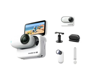 The white Insta360 GO 3S wearable action camera with its versatile Action Pod. This image shows the complete standard kit for hands-free 4K video capture.