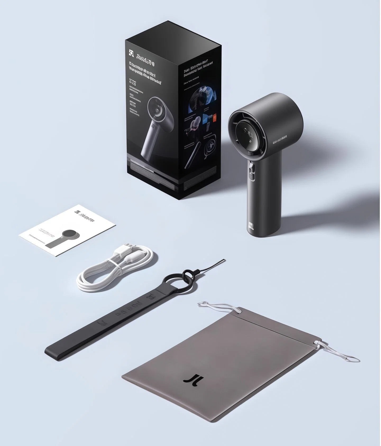 A photo displaying the full contents of the JISULIFE Handheld Fan Pro1s package: the fan, retail box, user manual, USB-C cable, anti-loss lanyard, and a soft carrying pouch.