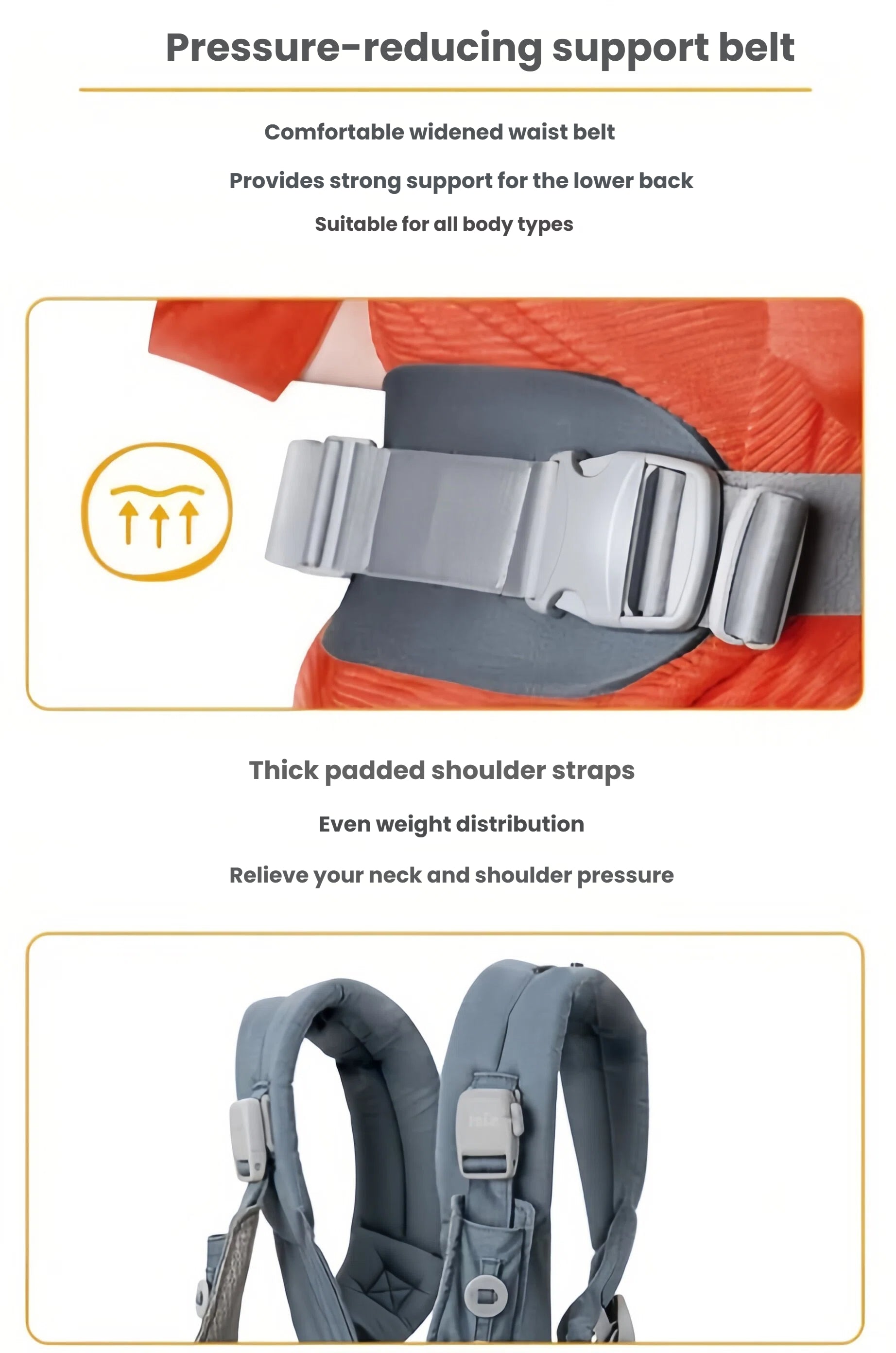 Detail shot of Joie Savvy Air 4-in-1 Baby Carrier showing widened waist belt for lower back support and thick padded shoulder straps that distribute weight evenly, reducing neck and shoulder pressure.