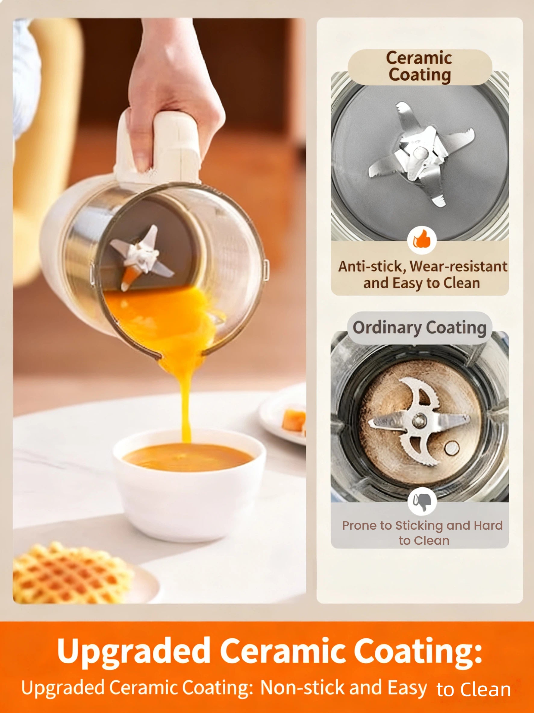 A comparison showing the benefits of the Joyoung blender's upgraded ceramic coating, which is anti-stick, wear-resistant, and easy to clean. This is contrasted with an ordinary coating that is prone to sticking and difficult to clean.