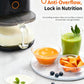 A display of various healthy foods made with the Joyoung Y3 blender, including green juice, soup, and baby food, demonstrating its patented anti-overflow feature that locks in nutrition.