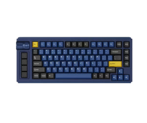Full top view of the Keychron Lemokey L1 keyboard in deep blue colorway with yellow Esc and Enter keys, showcasing its clean aesthetic and professional-grade mechanical design.