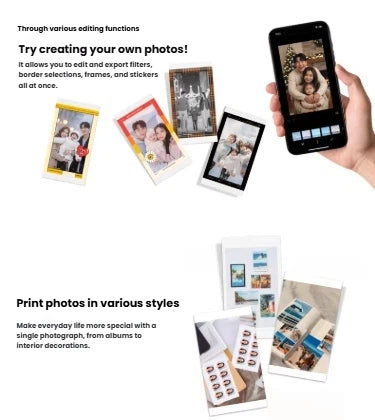 Smartphone screen showing Kodak Docket Plus app interface with editing tools. User customizes a photo with filters, frames, stickers, and collage options before printing 4x6” instant photos.