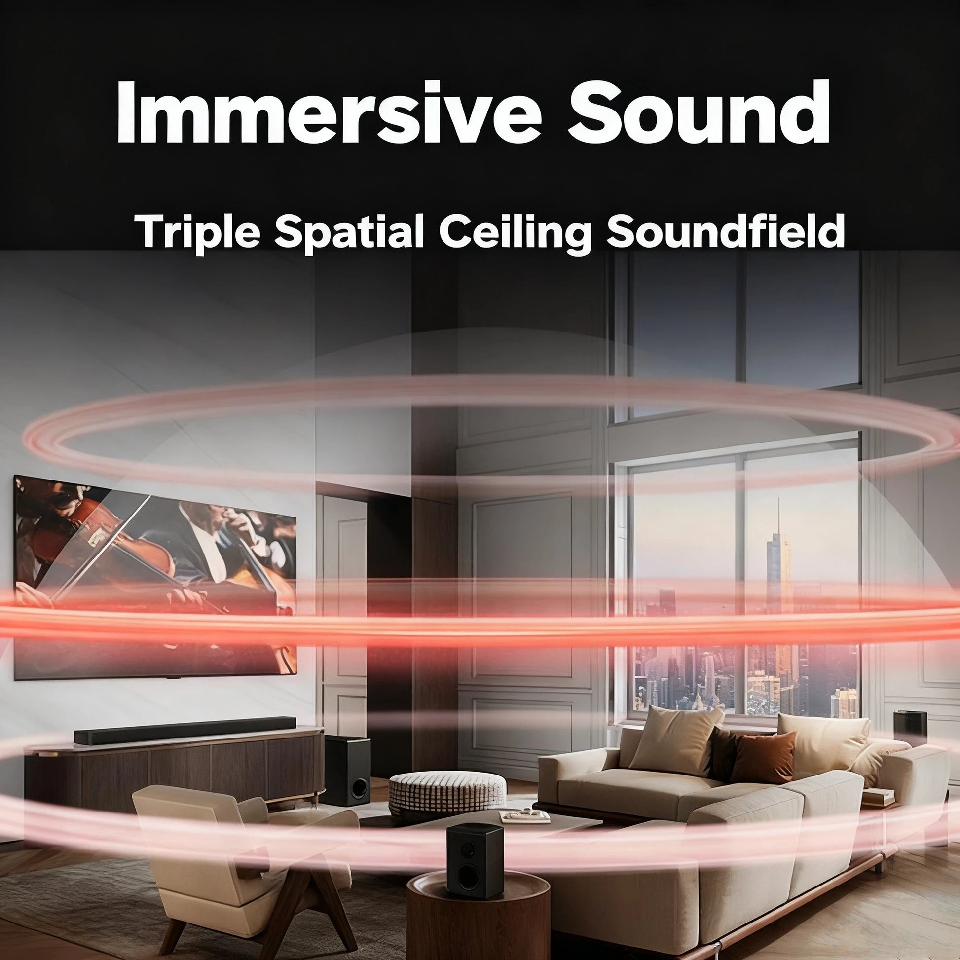 An illustration of the "Triple Spatial Ceiling Soundfield" feature of the LG S80TR. Red sound waves are shown projecting upwards and outwards from the soundbar in a modern living room, demonstrating how the up-firing speakers create a dome of sound for a truly immersive and cinematic audio experience.