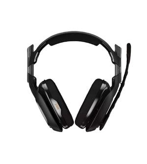  Studio shot of the black ASTRO A40 TR headset facing forward, showcasing its over-ear design, carbon-fiber ear plates, and detachable boom microphone.