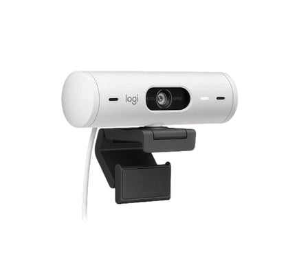 Front-facing shot of the off-white Logitech Brio 500 webcam, showcasing its 1080p lens, dual microphones, and textured eco-friendly casing.