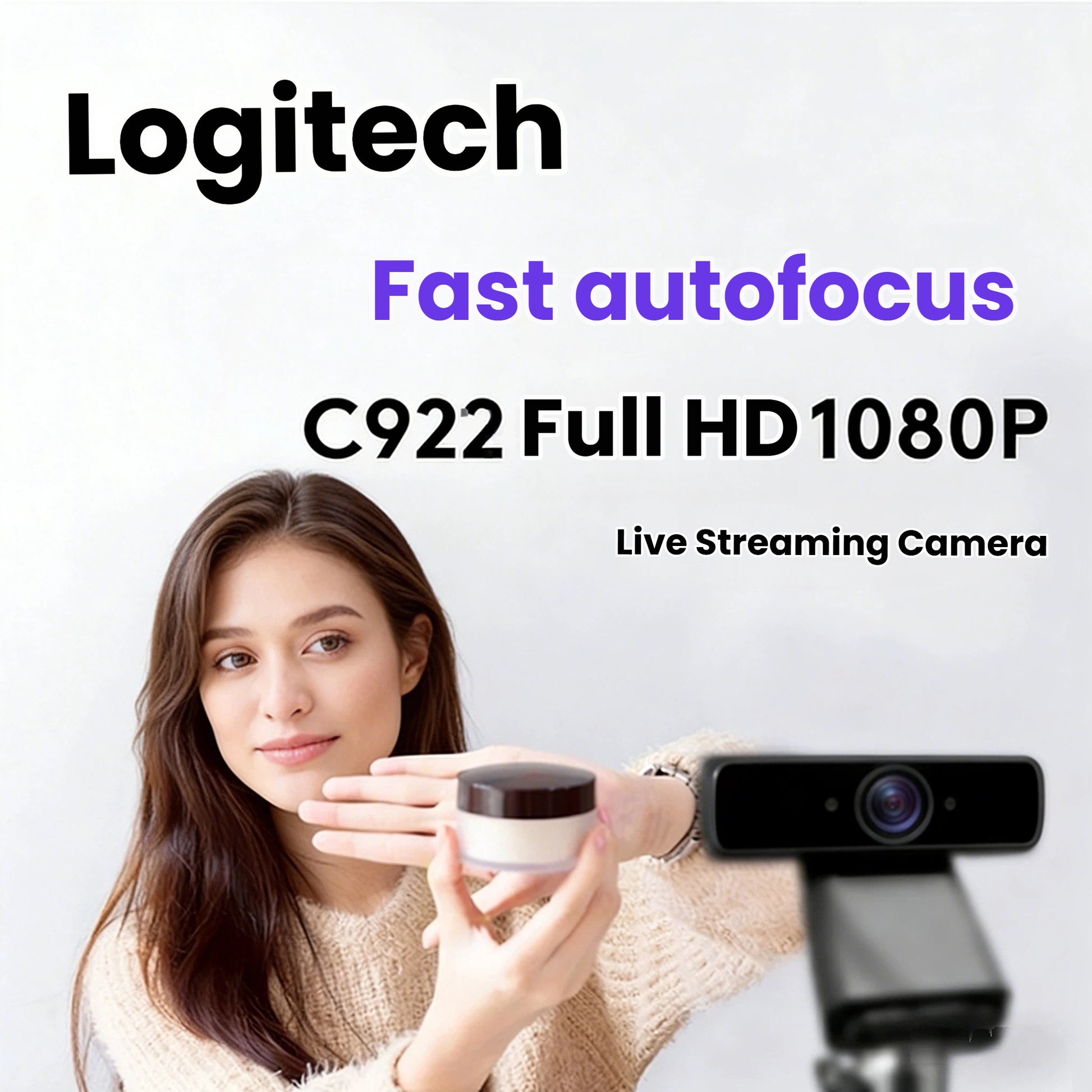 Lifestyle shot of a creator holding a product while the Logitech C922 webcam, mounted on a tripod, keeps the scene in sharp 1080p focus.