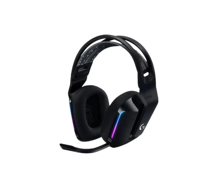 Studio shot of the black Logitech G733 headset with RGB accents and retractable boom mic, isolated on a white background.