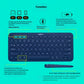 Annotated top view of the navy K380 on a teal background, labeling Easy-Switch buttons (1/2/3), Bluetooth 3.0, 2-year battery, 16 mm slim profile, 423 g weight, and automatic OS detection.