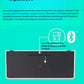Underside view of the Logitech K780 showing the battery compartment and stored USB Unifying receiver, with icons for Bluetooth and 24-month battery life on a vibrant teal background.