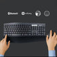 Hands-on photo demonstrating the MK850 keyboard and mouse in use, with icons for Bluetooth, Unifying, multi-device pairing, and Logitech FLOW support.