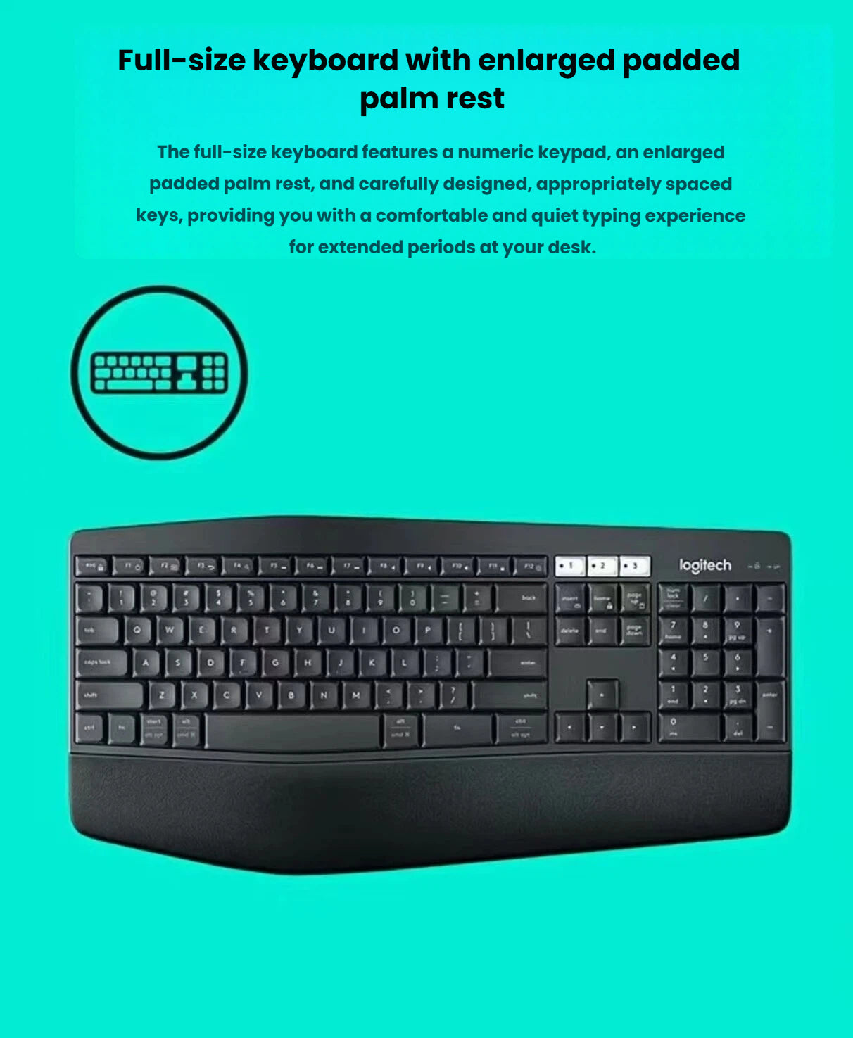 Close-up of the MK850 keyboard against a bright teal background, highlighting the generously padded wrist rest and quiet, well-spaced keys.