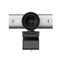 Clean front view of the white MX Brio 4K webcam, highlighting its sleek aluminum barrel, 4K Ultra HD lens, and integrated privacy cover.