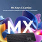 Stylized hero image of the MX Keys S keyboard against a vibrant 3D background, emphasizing intelligent backlighting and macro customization.