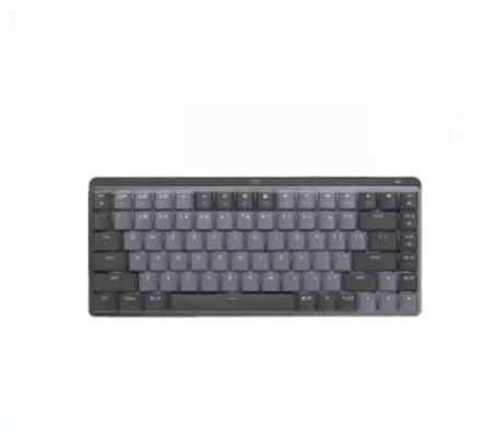 Hero shot of the Logitech MX Mechanical Mini wireless keyboard in pale gray, floating above colorful 3D shapes, highlighting its compact 75% layout and backlit keys.