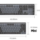 Side-by-side dimensional diagram of the full-size Logitech MX Mechanical (433.85 mm) and the MX Mechanical Mini (312.6 mm), both 131.55 mm tall, illustrating the 28% smaller footprint of the Mini model for space-saving desks.