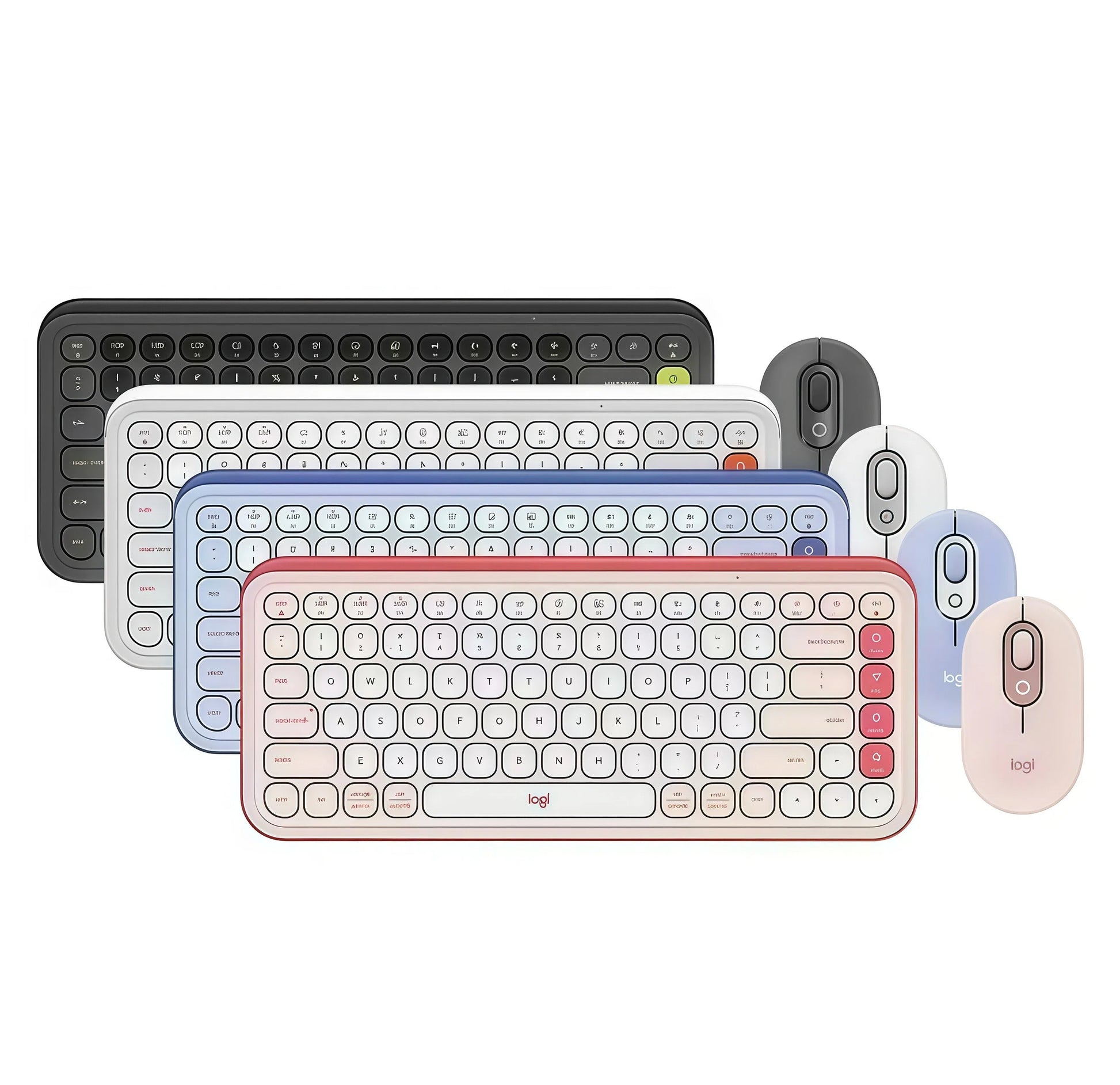 Family shot of four POP Icon Combos in black, white, purple and pink, illustrating the variety of styles available to match any desk aesthetic.