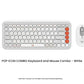 Minimalist white Logitech POP Icon Combo displayed from above, showcasing coral-accented emoji keys and the matching white mouse.