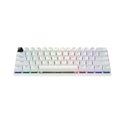 Clean front-facing shot of the white Logitech PRO X 60 wireless gaming keyboard, displaying its compact 60% layout, vibrant per-key RGB lighting, and minimalist design ideal for competitive setups.