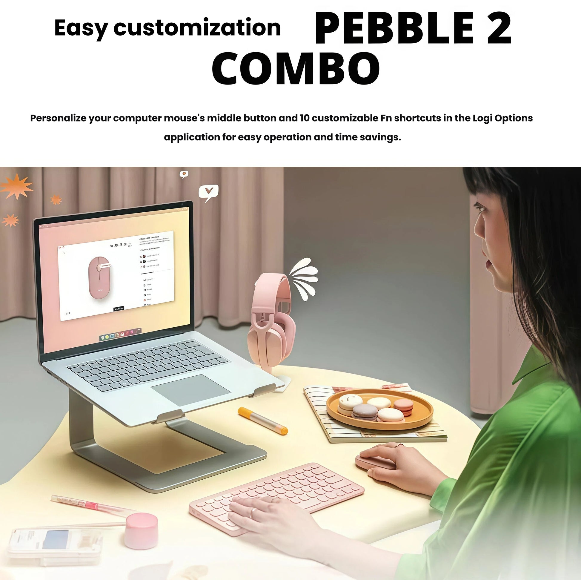 Side-view photo of a user customizing the rose Pebble 2 mouse’s middle button and keyboard Fn keys via the Logi Options app on a laptop.