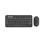 Overhead shot of the graphite Logitech Pebble 2 Combo, showcasing the dark gray keyboard and mouse with subtle blue shortcut keys.