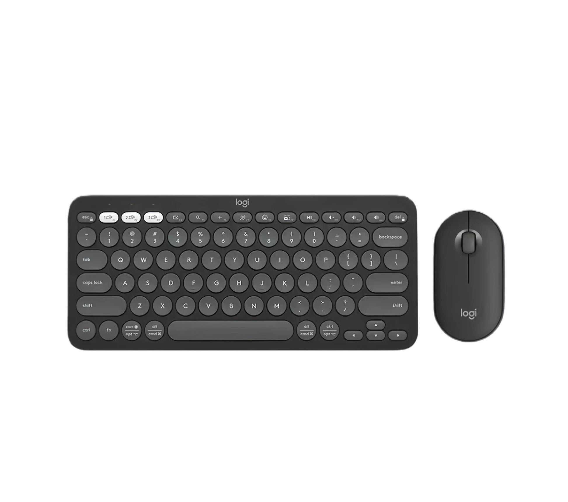 Overhead shot of the graphite Logitech Pebble 2 Combo, showcasing the dark gray keyboard and mouse with subtle blue shortcut keys.