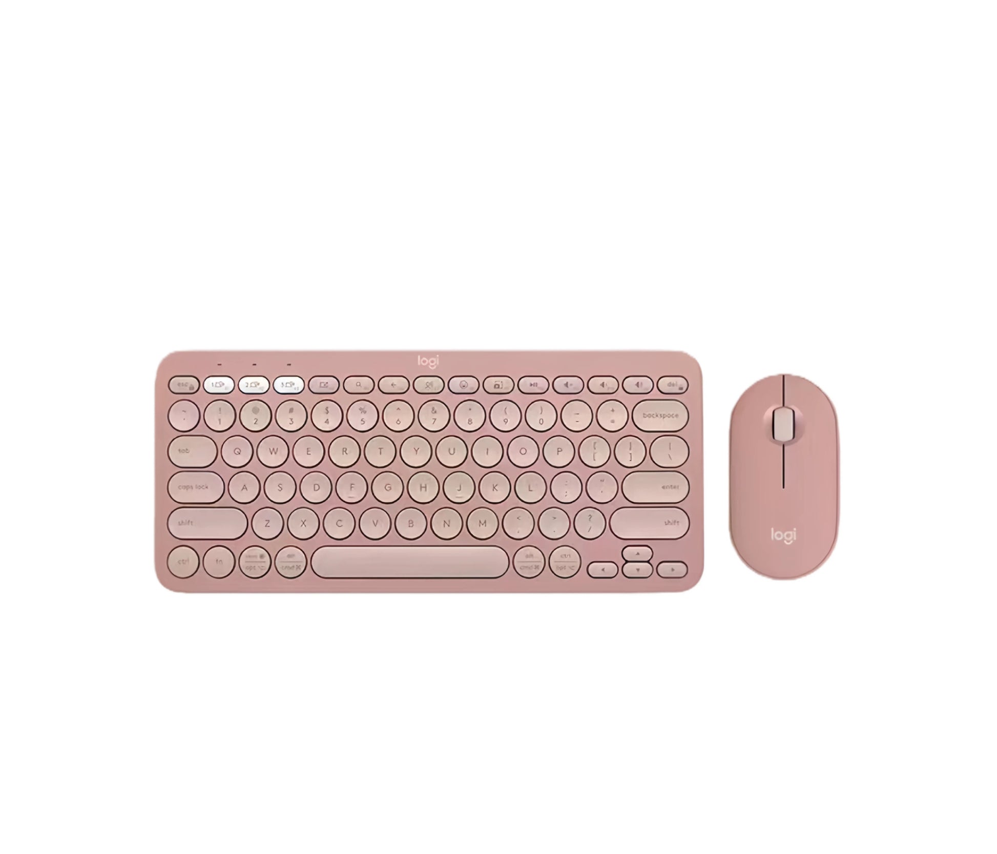Top-down view of the rose-colored Logitech Pebble 2 Combo featuring a compact round-key keyboard and matching slim mouse on a white background.