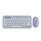 Studio shot of the sky-blue Pebble 2 Combo, highlighting the pastel keyboard and mouse set against a clean white backdrop.