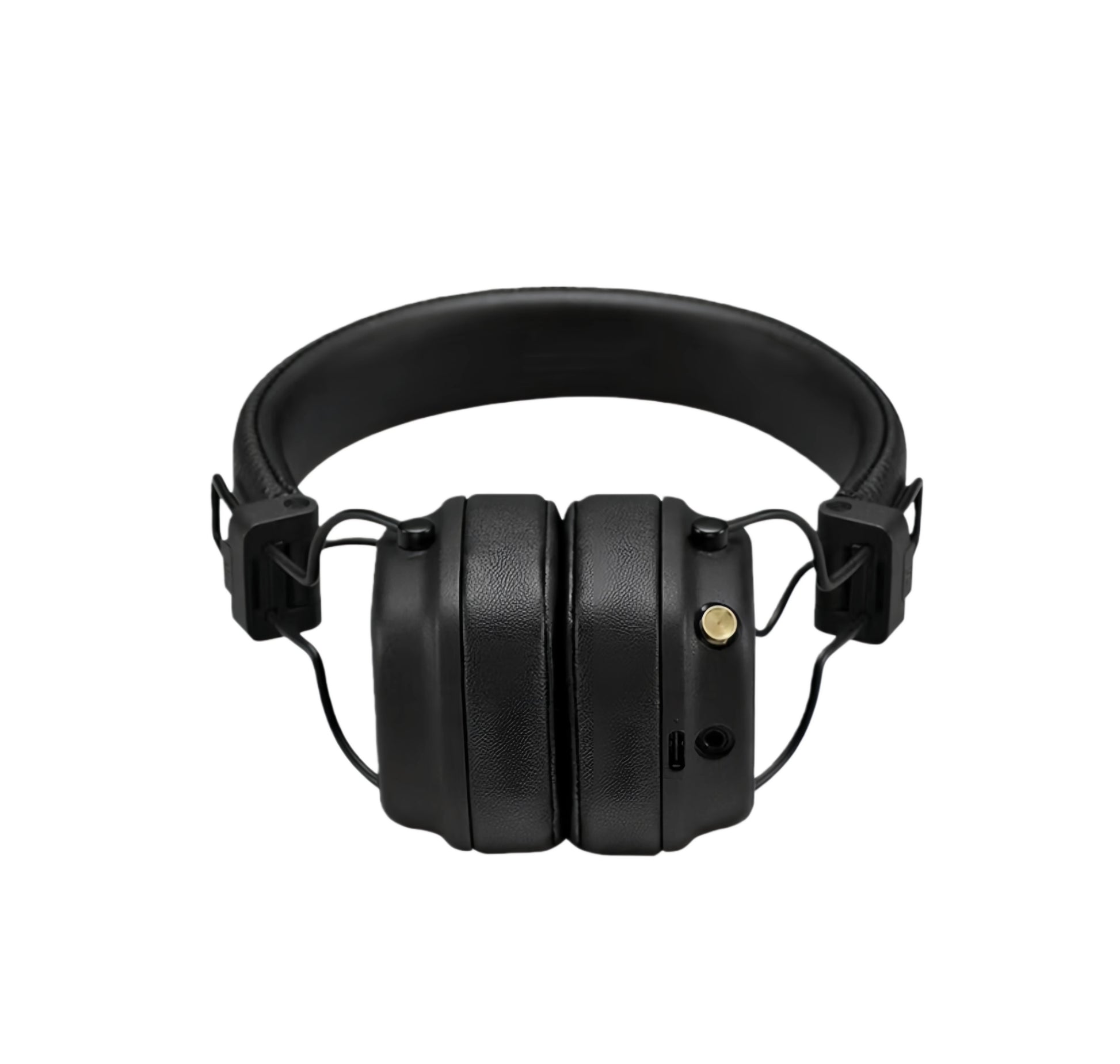 Front view of Marshall Major IV wireless on-ear headphones in black with textured leather earcups, padded headband, and gold accent button, showcasing premium build quality and classic Marshall style.
