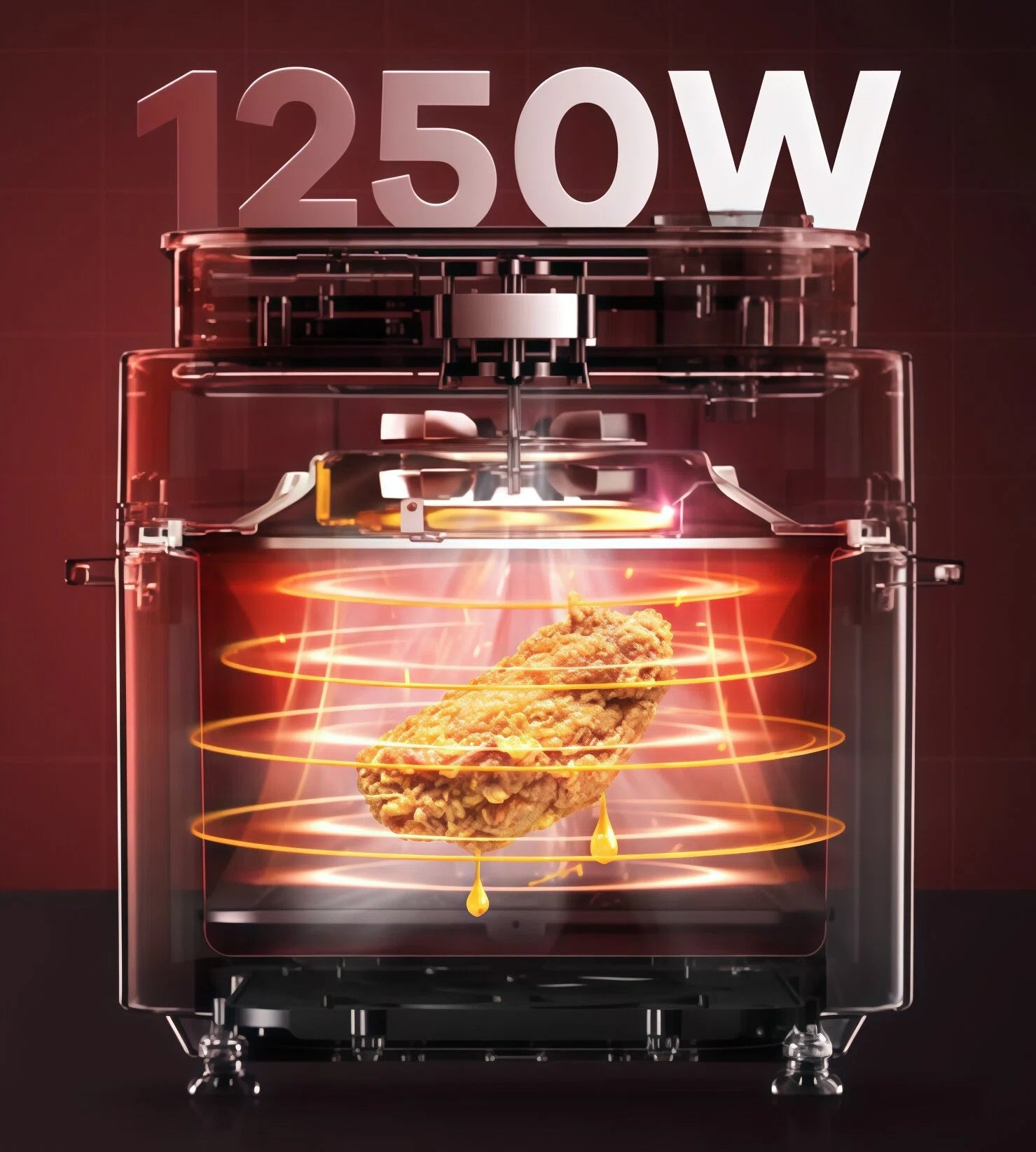 A technical cutaway view of the Midea Air Fryer demonstrating its powerful 1250W heating element and rapid hot air circulation technology, which ensures food is cooked evenly and crisply.