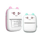 Side-by-side comparison of NNEOBA portable thermal mini printer in pink and mint cat designs. One model shows printed receipt output. Perfect for personal notes, labels, or photos—no ink required.