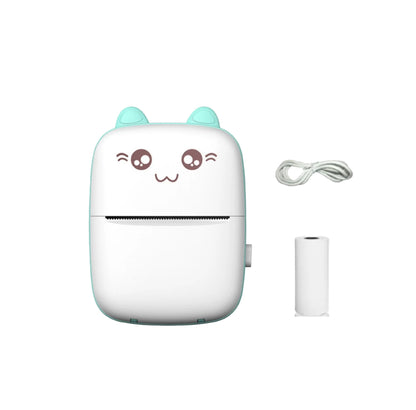 Front view of NNEOBA portable thermal mini printer in mint green cat design. Includes USB-C charging cable and 57mm thermal paper roll. Compact, wireless, and ink-free for instant printing on the go.