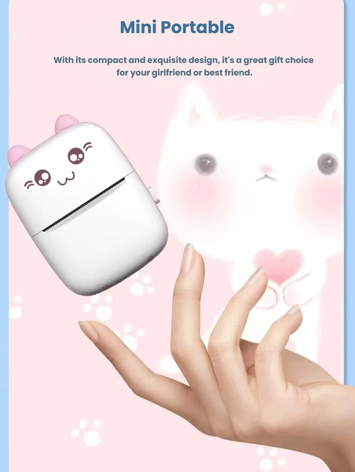 NNEOBA mini printer held in hand against pink background with cartoon cat illustration. Compact and adorable design makes it an ideal gift for girlfriend, best friend, or student.