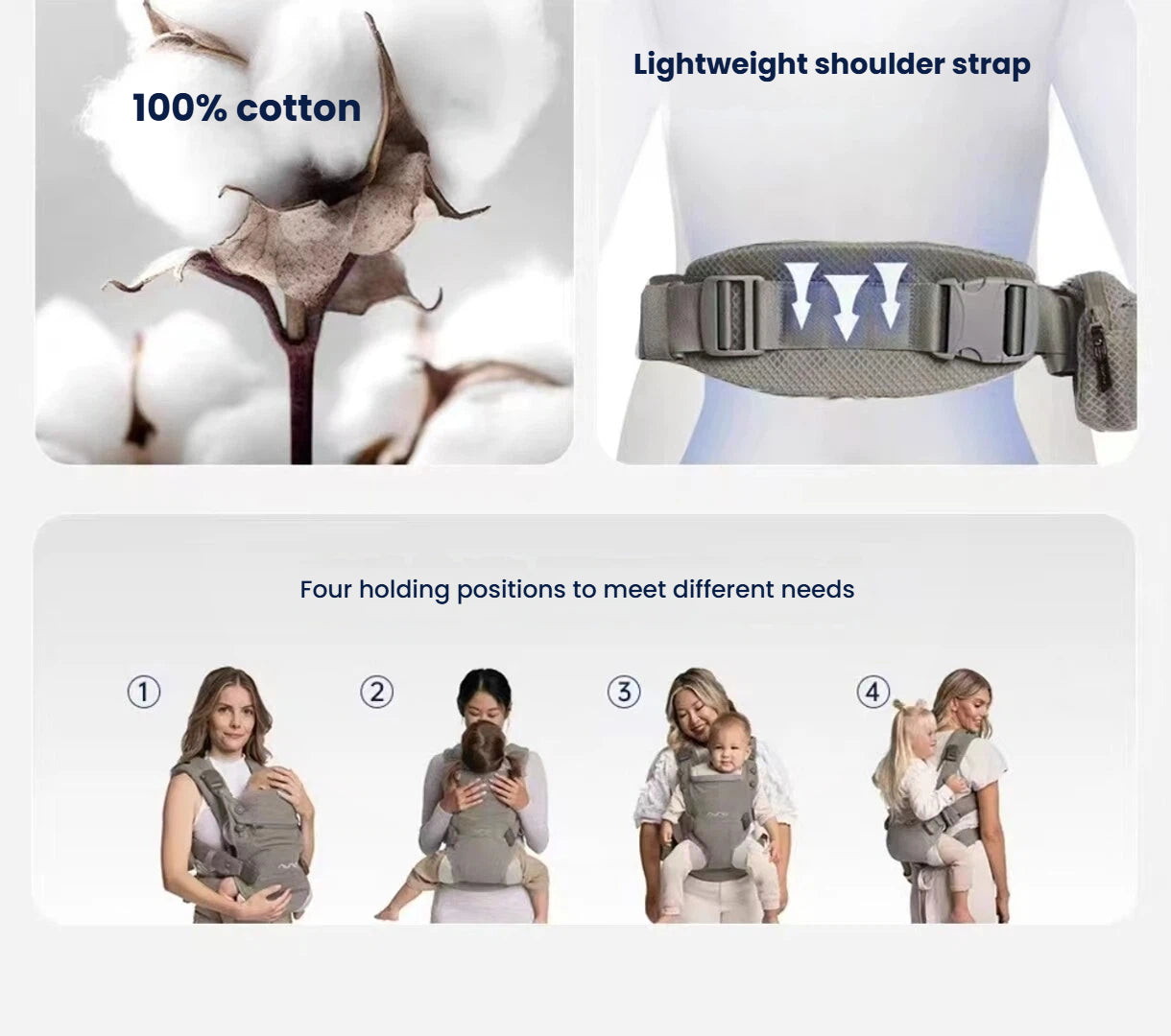 Close-up of Nuna Cudl Clik Carrier showcasing 100% cotton fabric and lightweight shoulder strap with adjustable buckles. Designed for breathability and comfort during extended wear.