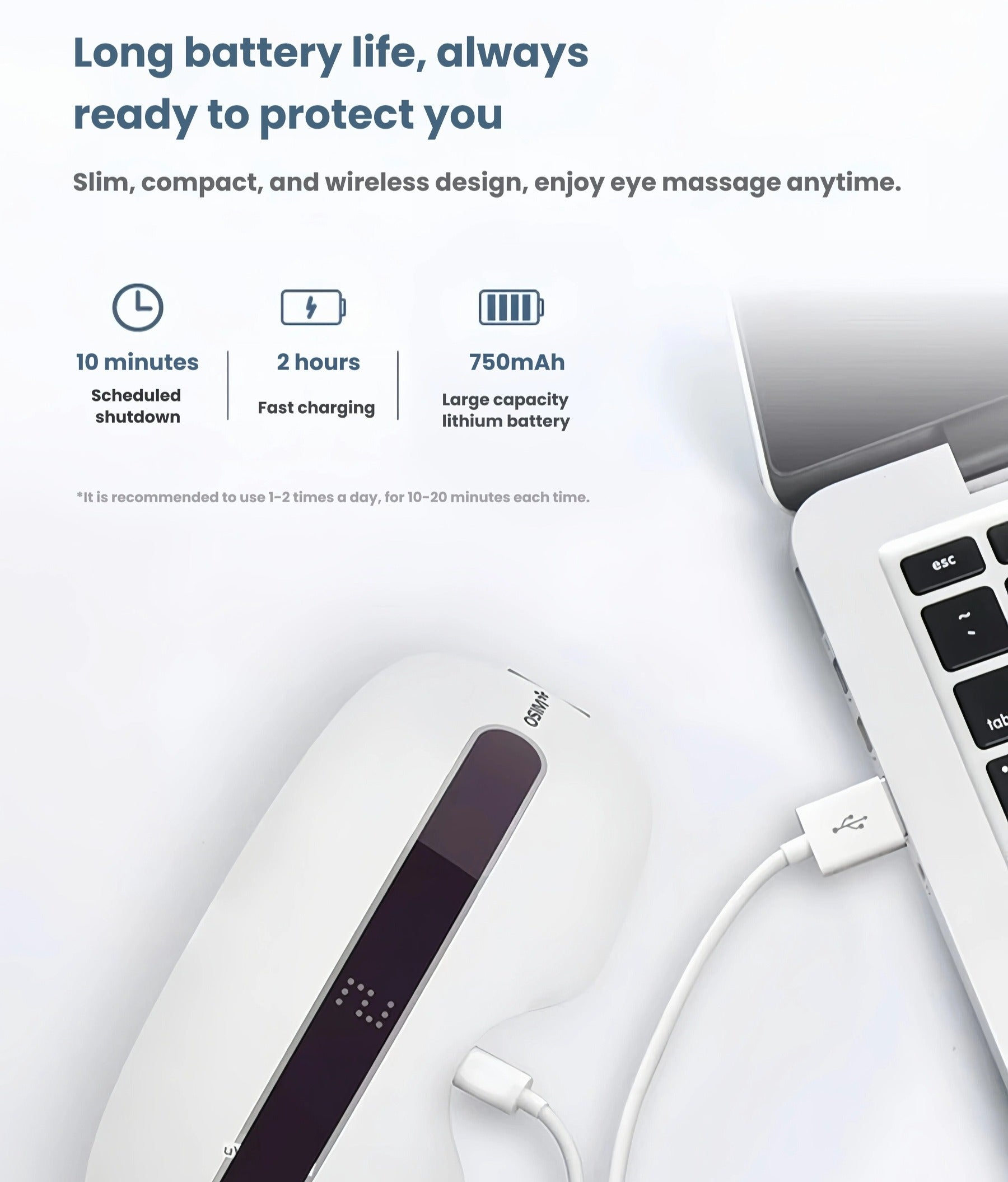 The OSIM Lite Eye Massager charging via USB-C cable connected to a laptop. Featuring a 750mAh lithium battery, it supports fast charging in 2 hours and offers up to 10 minutes of scheduled auto-shutdown for safe use.