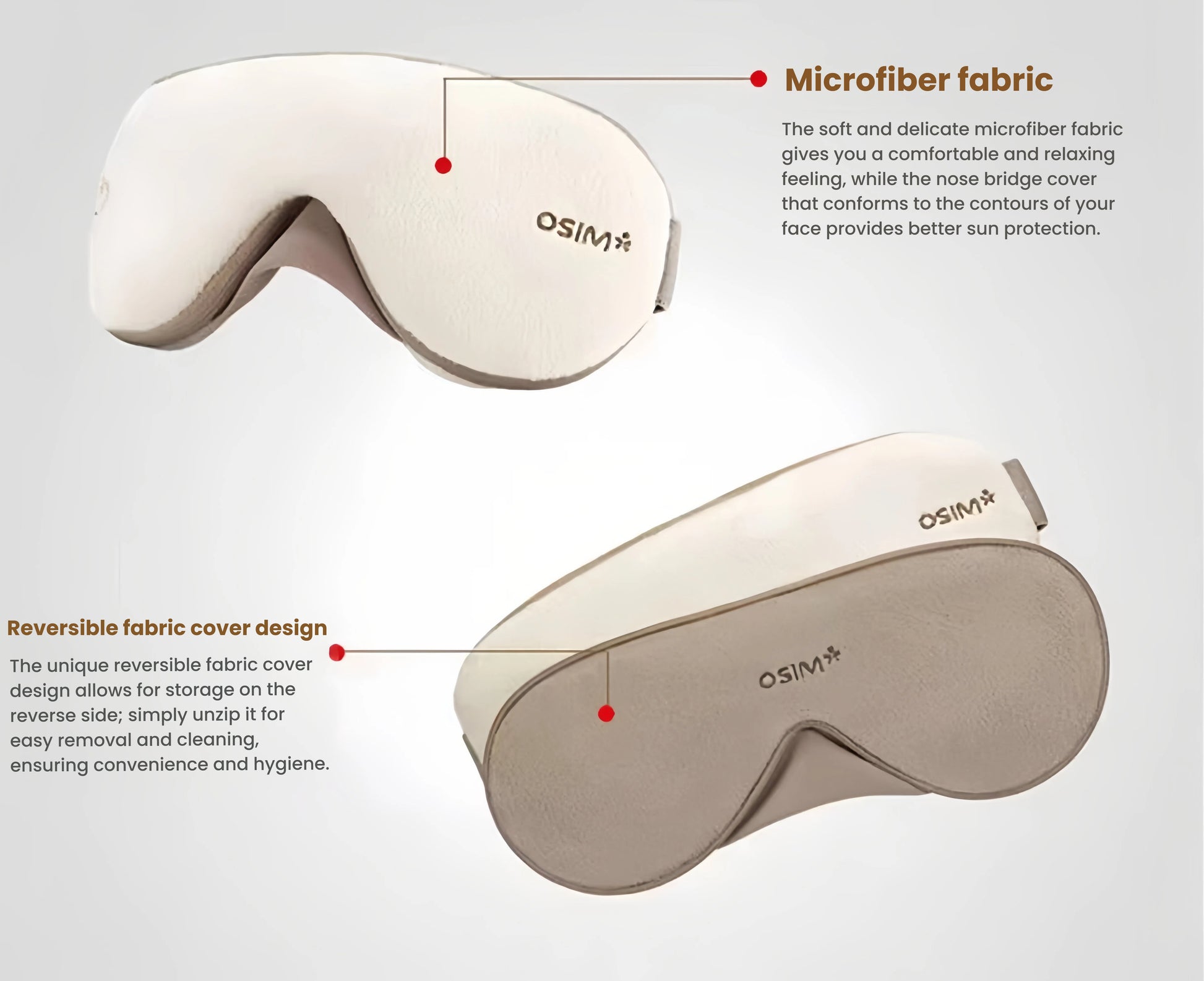 Close-up of the OSIM uMask eye massager highlighting its soft microfiber fabric and reversible fabric cover. The nose bridge contour ensures comfortable fit and effective light blockage for better sleep and relaxation.