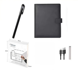 Ophaya smart digital pen with black leather notebook, charging cable, replacement tips, and product packaging; full set for seamless paperless writing and cloud syncing.