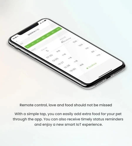 Smartphone displaying PETKIT App interface — remote control for Petkit Fresh Element Mini feeder with scheduled meals, status alerts, and real-time IoT monitoring