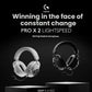 Dual floating shot of the white and black PRO X 2 headsets against a dark backdrop, highlighting the two color options for gamers.