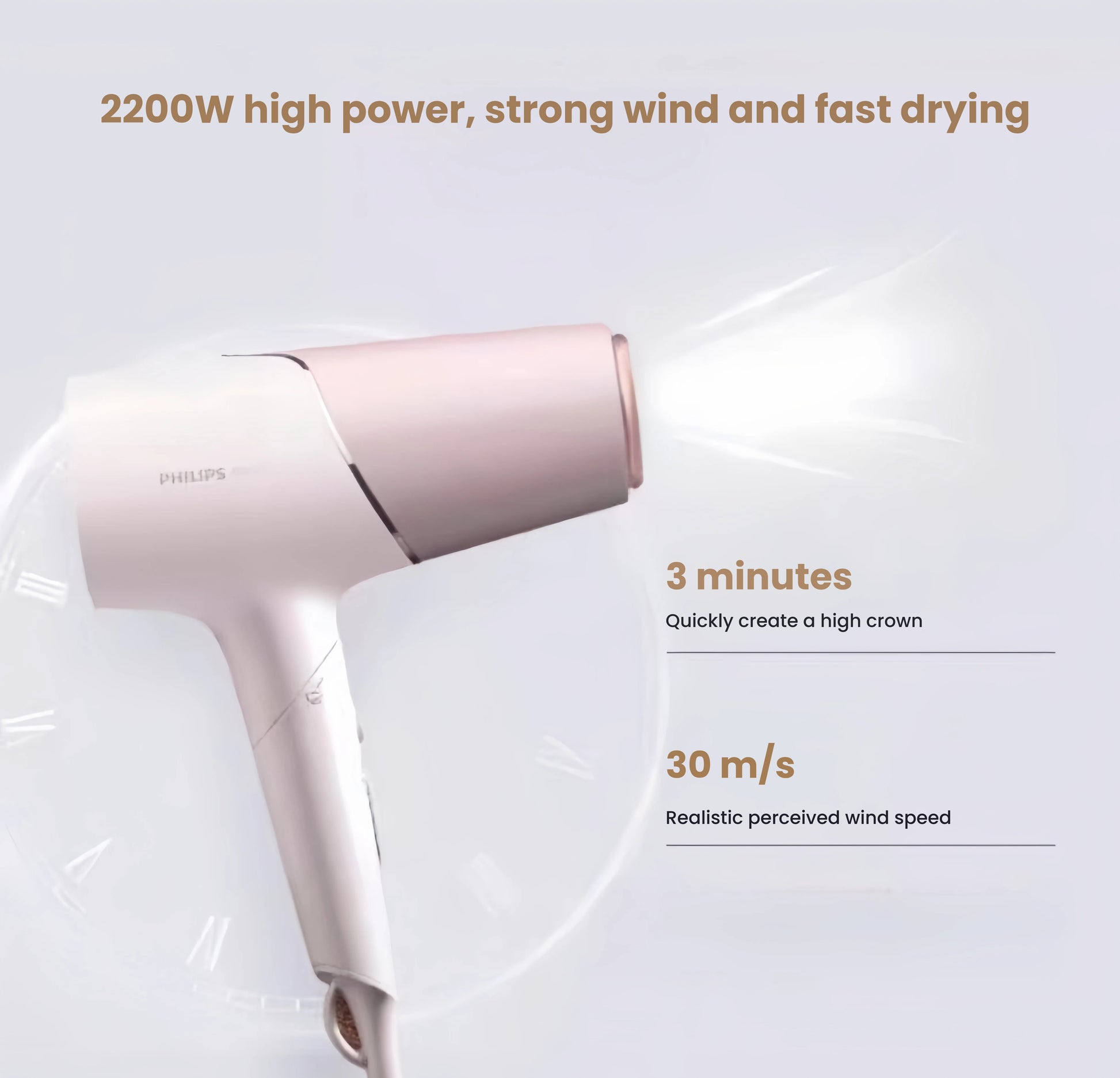 Philips 5000 Series hair dryer delivering powerful airflow at 30 meters per second, enabling fast drying in just 3 minutes and creating a high crown hairstyle effortlessly.