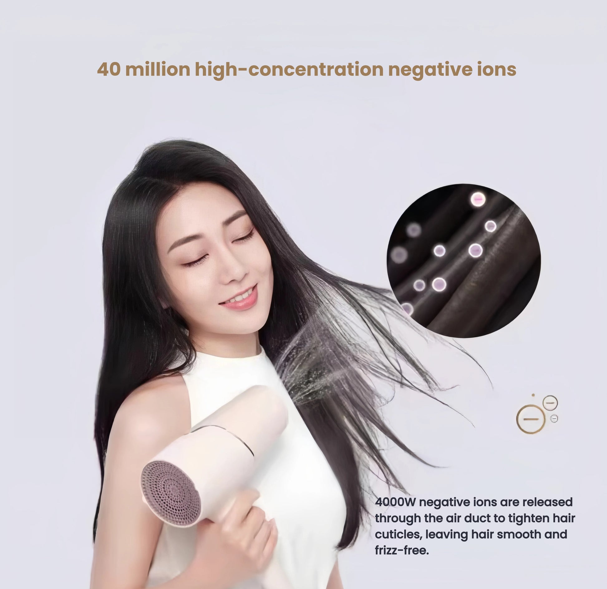 Woman using Philips 5000 Series hair dryer with 40 million high-concentration negative ions to smooth hair cuticles, reduce frizz, and achieve soft, shiny, tangle-free results.